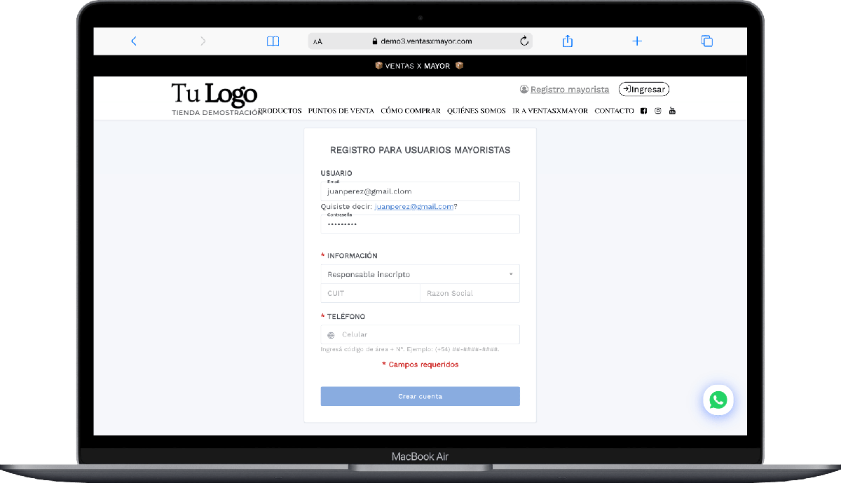 REGISTRATION FOR WHOLESALE USERS VENTASXMAYOR.COM