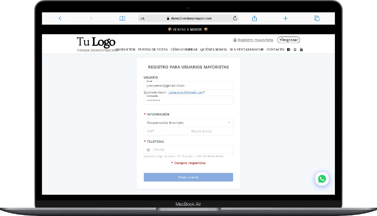 REGISTRATION FOR WHOLESALE USERS VENTASXMAYOR.COM