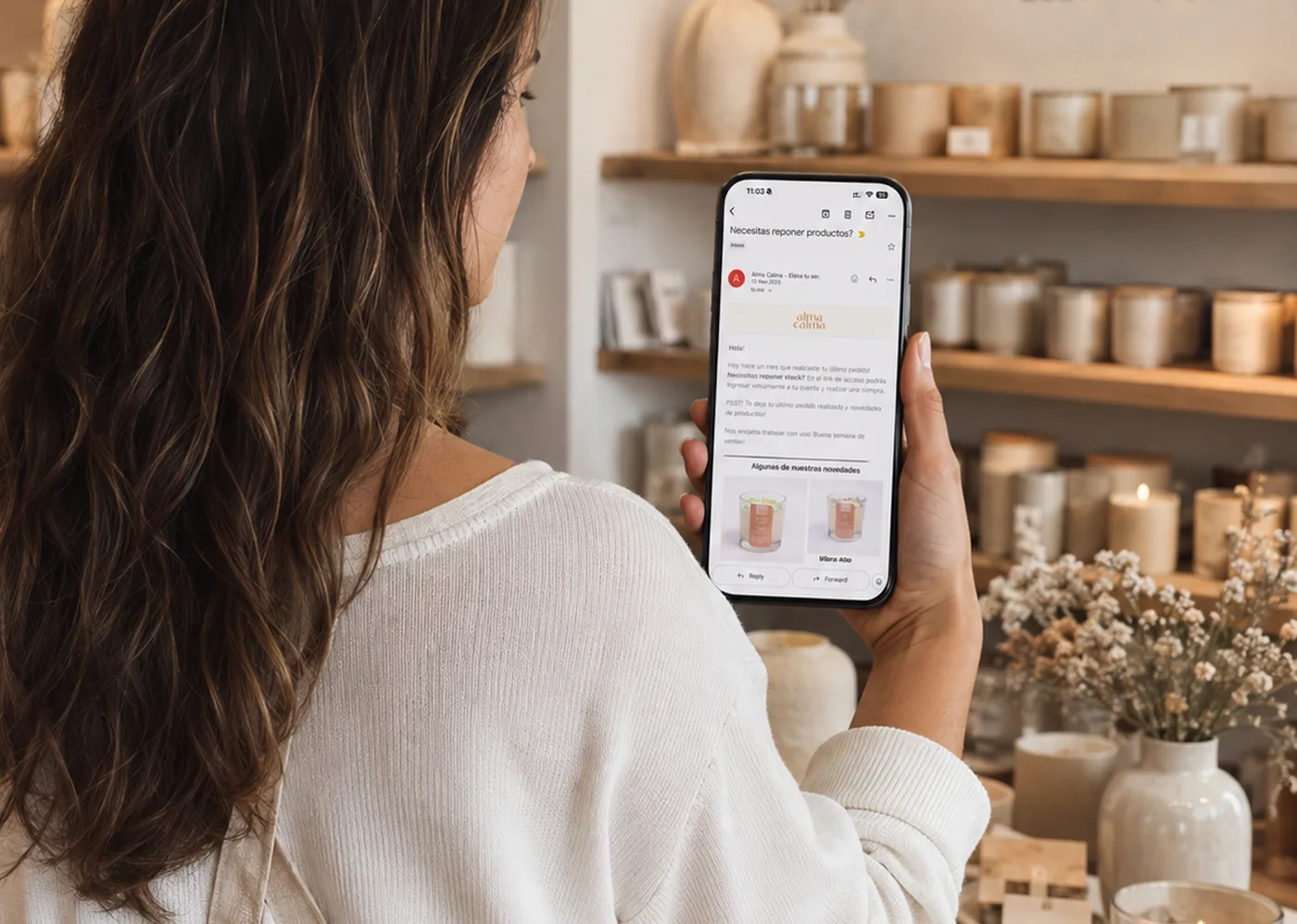 Wholesale shop owner reading the automatic restock reminder on her phone, surrounded by her merchandise in the store