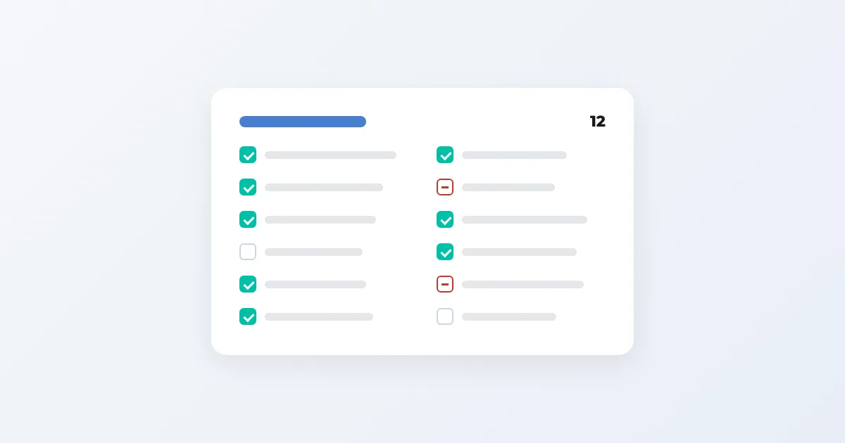 Illustration of an evaluation sheet with 12 checkboxes, most ticked green and two marked red, for choosing a B2B wholesale ecommerce platform