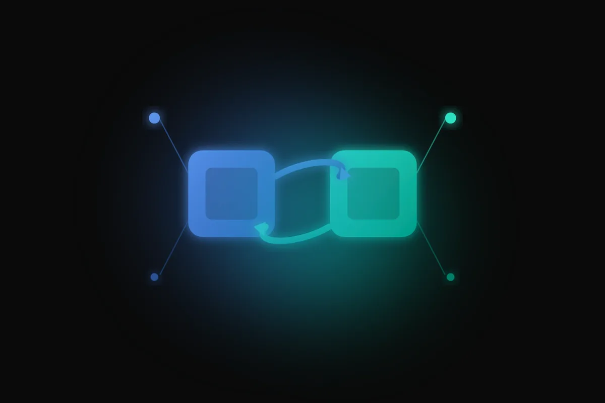 ERP integration with the B2B store: two nodes linked by a sync flow, in blue and green on a black background