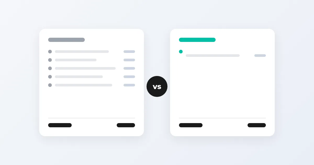 Illustration of two quotes facing each other with a “vs” in the middle: one with five line items added up and one with a single line, a Mercos vs VentasxMayor pricing comparison for wholesalers