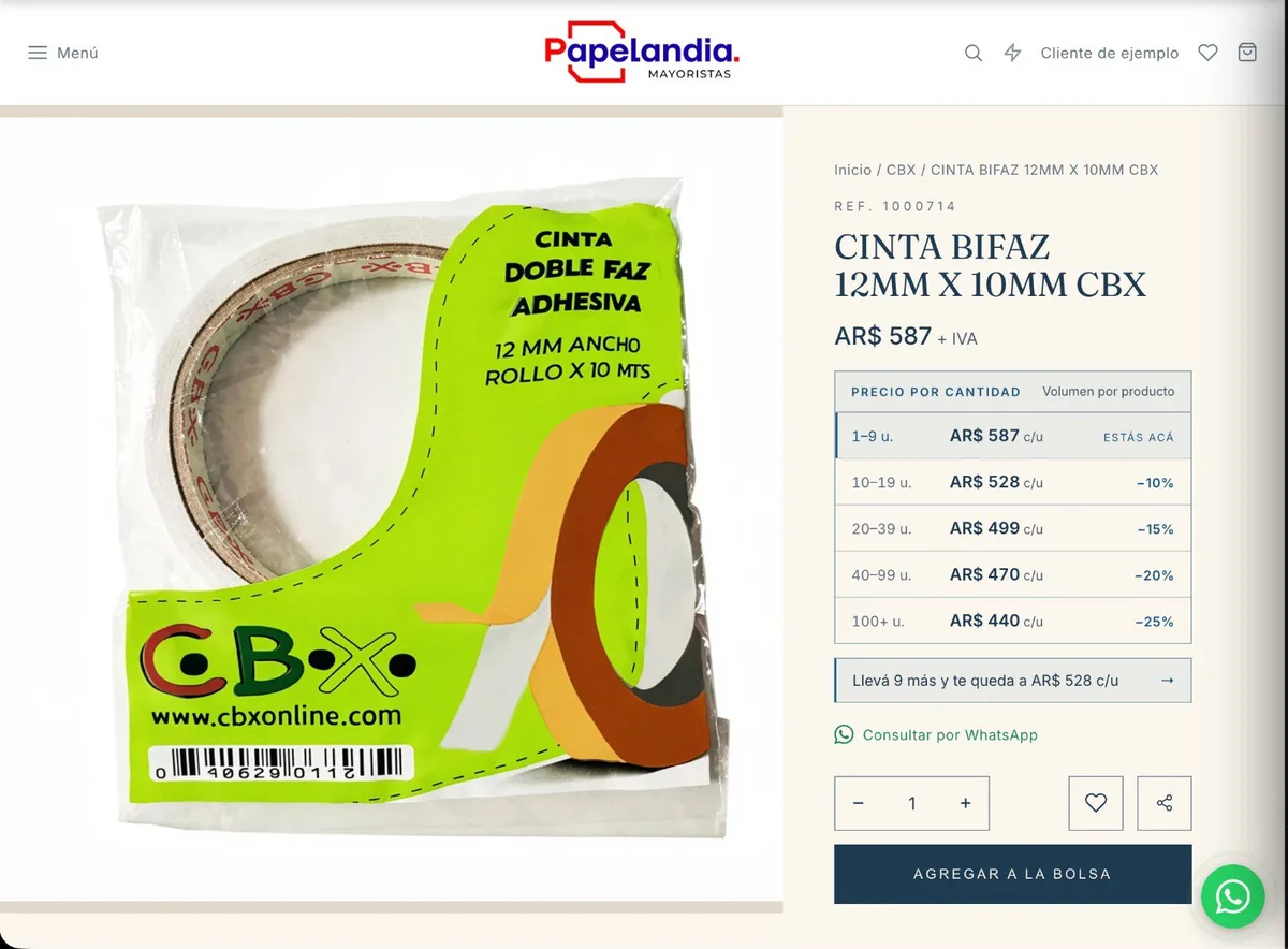 Screenshot of a wholesale store: product page with a quantity-pricing table, tiers from 10 to 25 percent off and a next-tier nudge