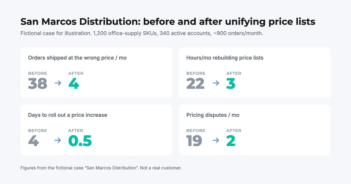 Fictional case San Marcos Distribution: orders at the wrong price down from 38 to 4 per month after unifying the wholesale price list