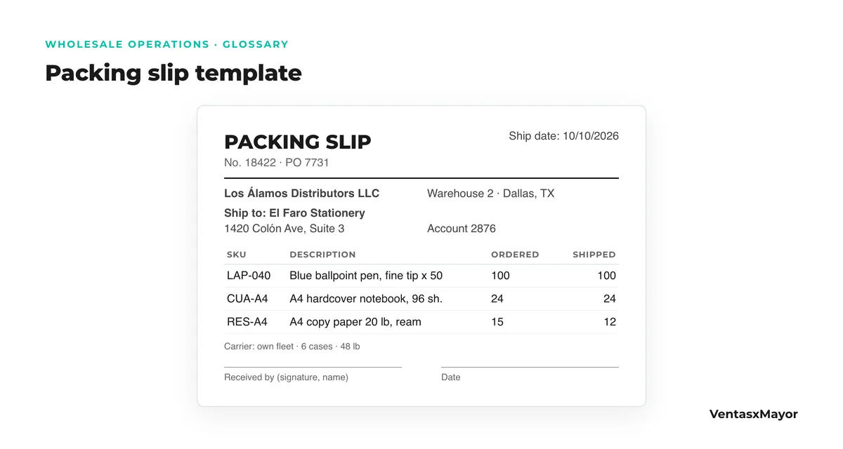 Wholesale packing slip template: header, seller and ship-to details, number and date, table with SKU, description, ordered and shipped quantities, cases, carrier and signature on receipt