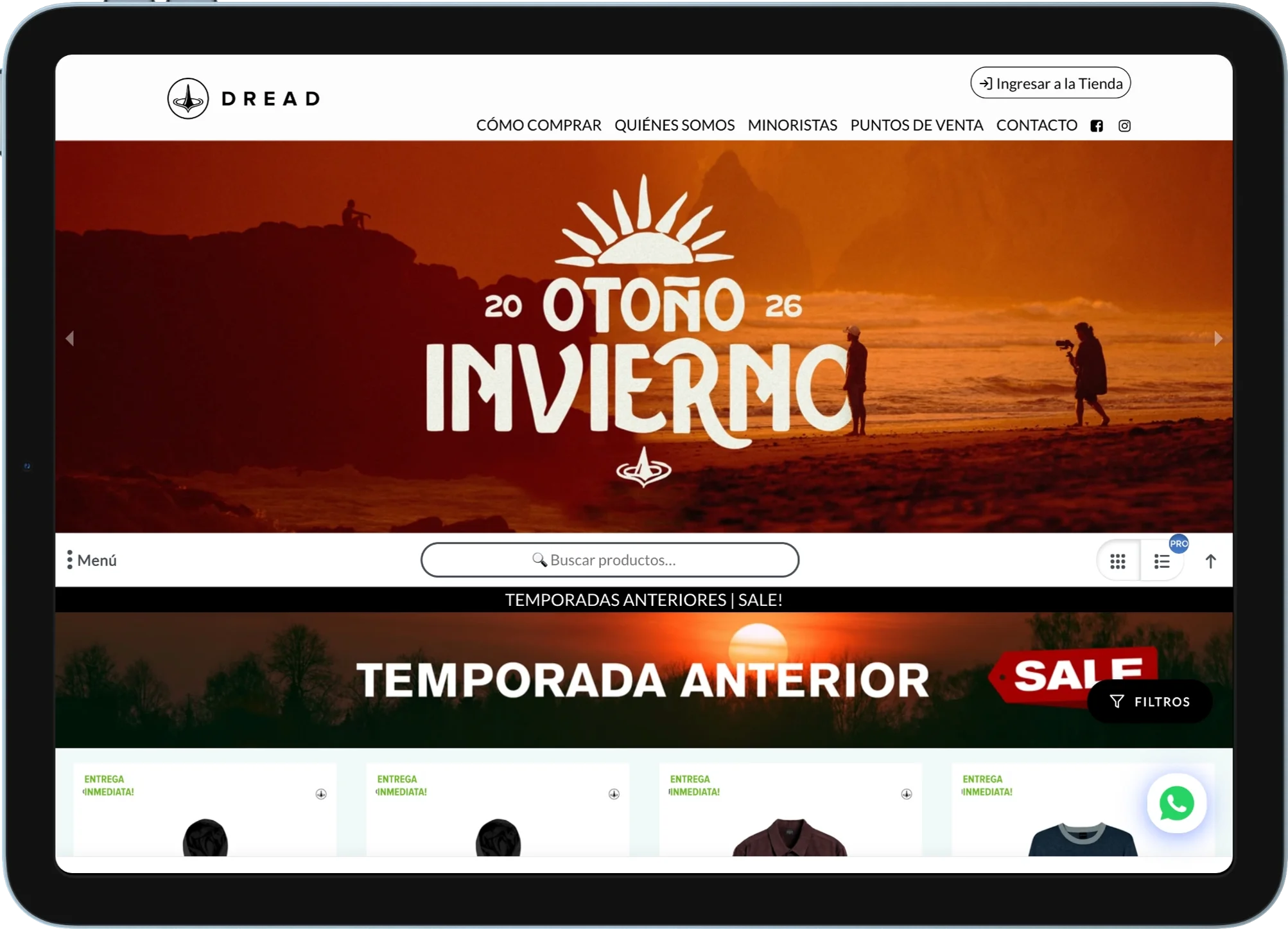 DREAD brand B2B wholesale store built with VentasxMayor, shown on a tablet — online apparel catalog with a Fall Winter collection, product search and immediate delivery for wholesale customers