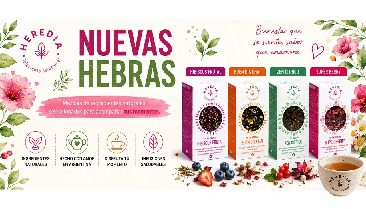 Heredia Infusiones new loose-leaf teas banner — Hibiscus, Chai, Zen Citrus and Super Berry blends, healthy-infusions wholesaler selling B2B with its VentasxMayor store