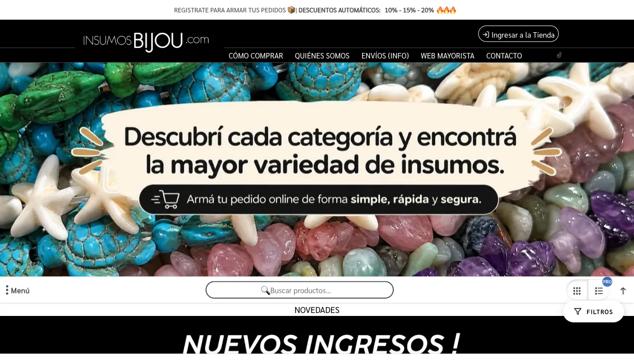 Insumos Bijou wholesale online store — over 9,000 jewelry-making supplies, charms, stones, chains and beads, Rosario-based wholesaler selling B2B nationwide with its store built on VentasxMayor