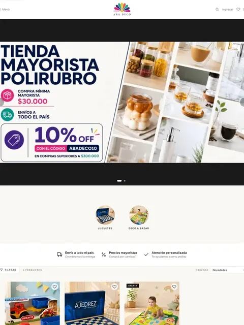 Aba Deco multi-category wholesale store built with VentasxMayor — order minimum banner, volume discounts and nationwide shipping