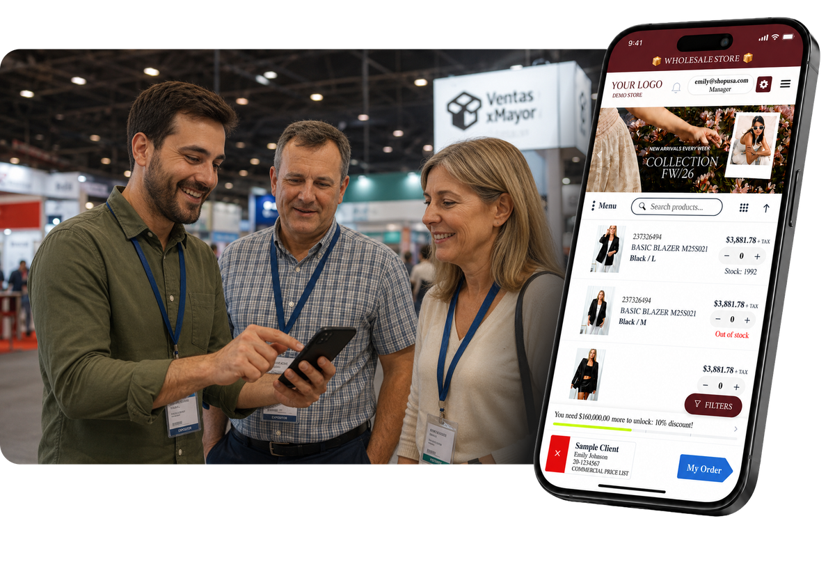 Wholesalers using the VentasxMayor B2B online store at a trade show