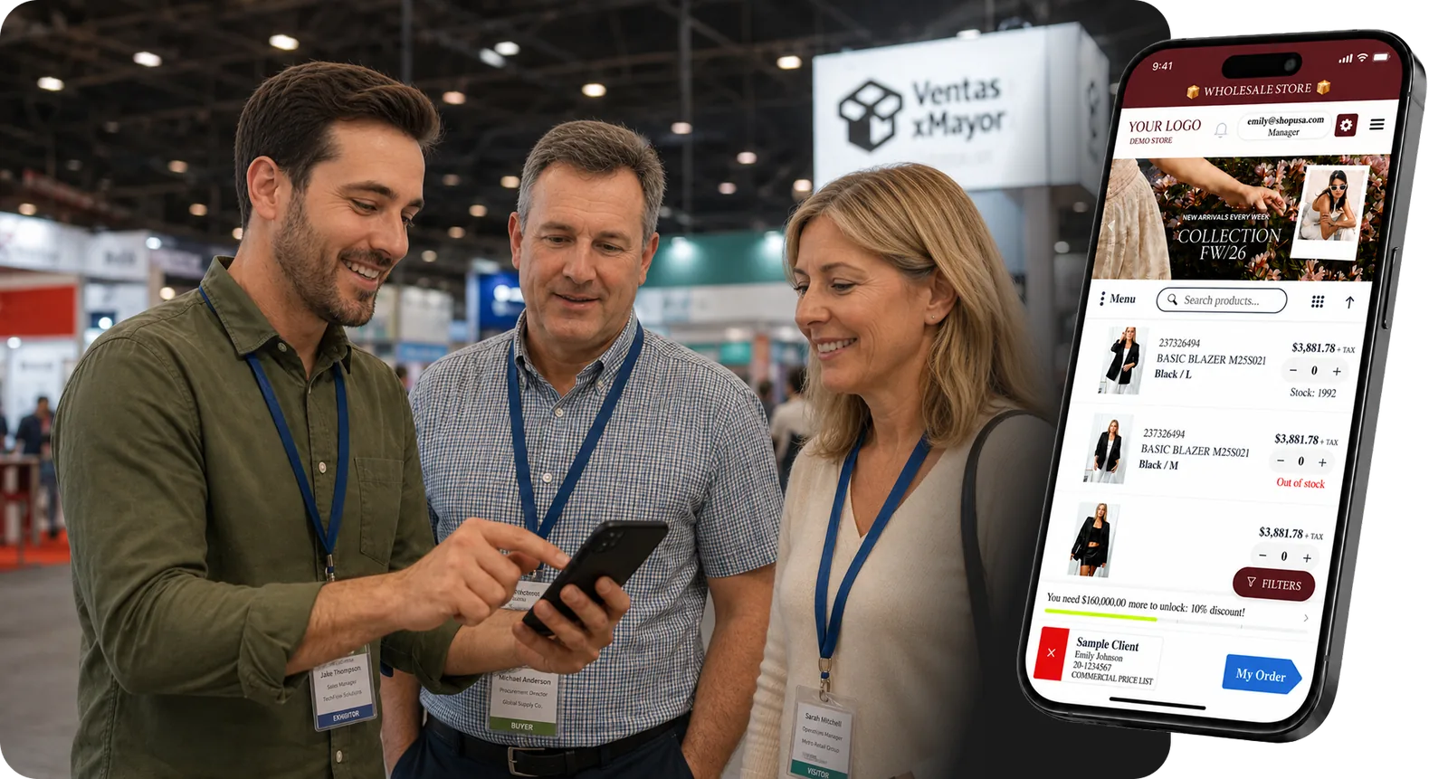 Wholesale buyers at a B2B trade show viewing the VentasxMayor online store on a phone: product catalog with wholesale pricing, live stock control and order button — the B2B wholesale eCommerce platform in action