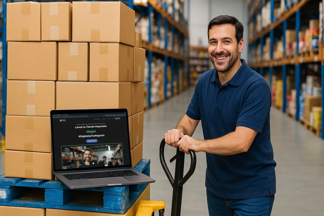 Wholesale business owner smiling in his warehouse next to a pallet of boxes, with his VentasxMayor B2B store open on a laptop