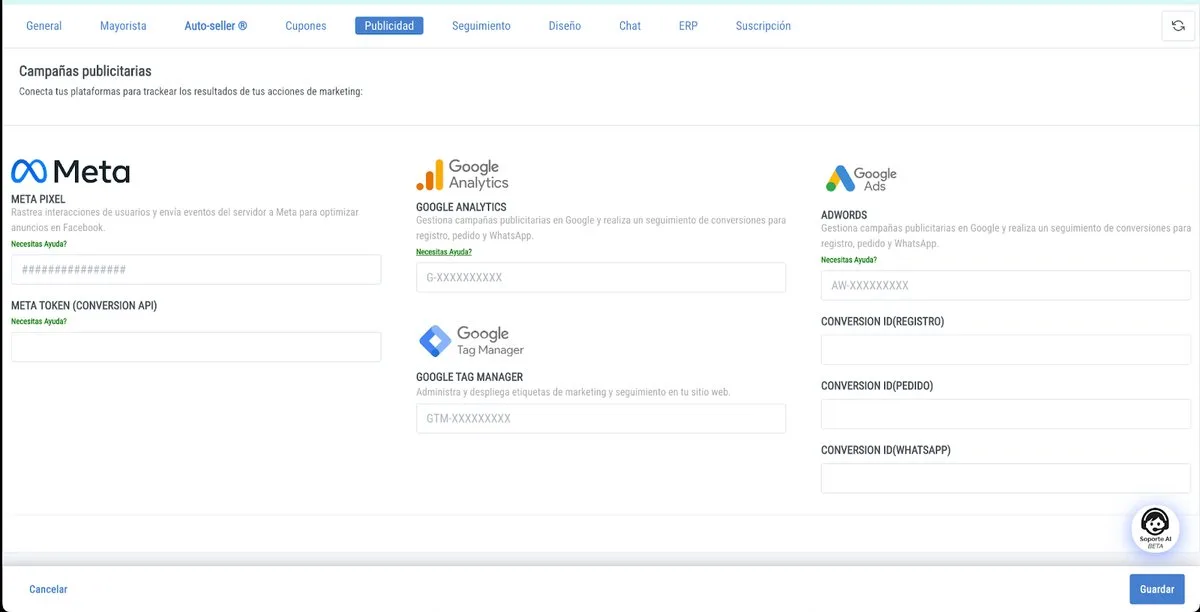 Panel de configuración de GA4 en VentasxMayor