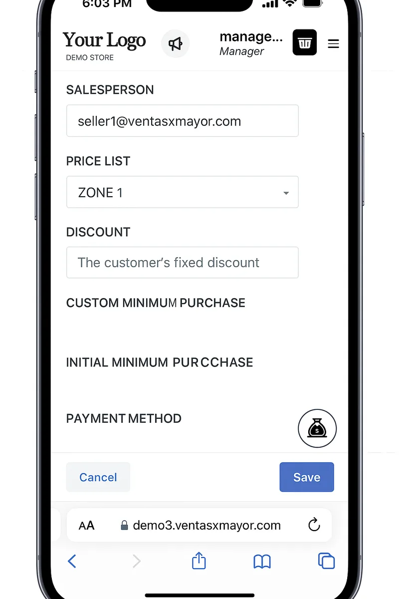 Assign sales reps to B2B clients in VentasxMayor system