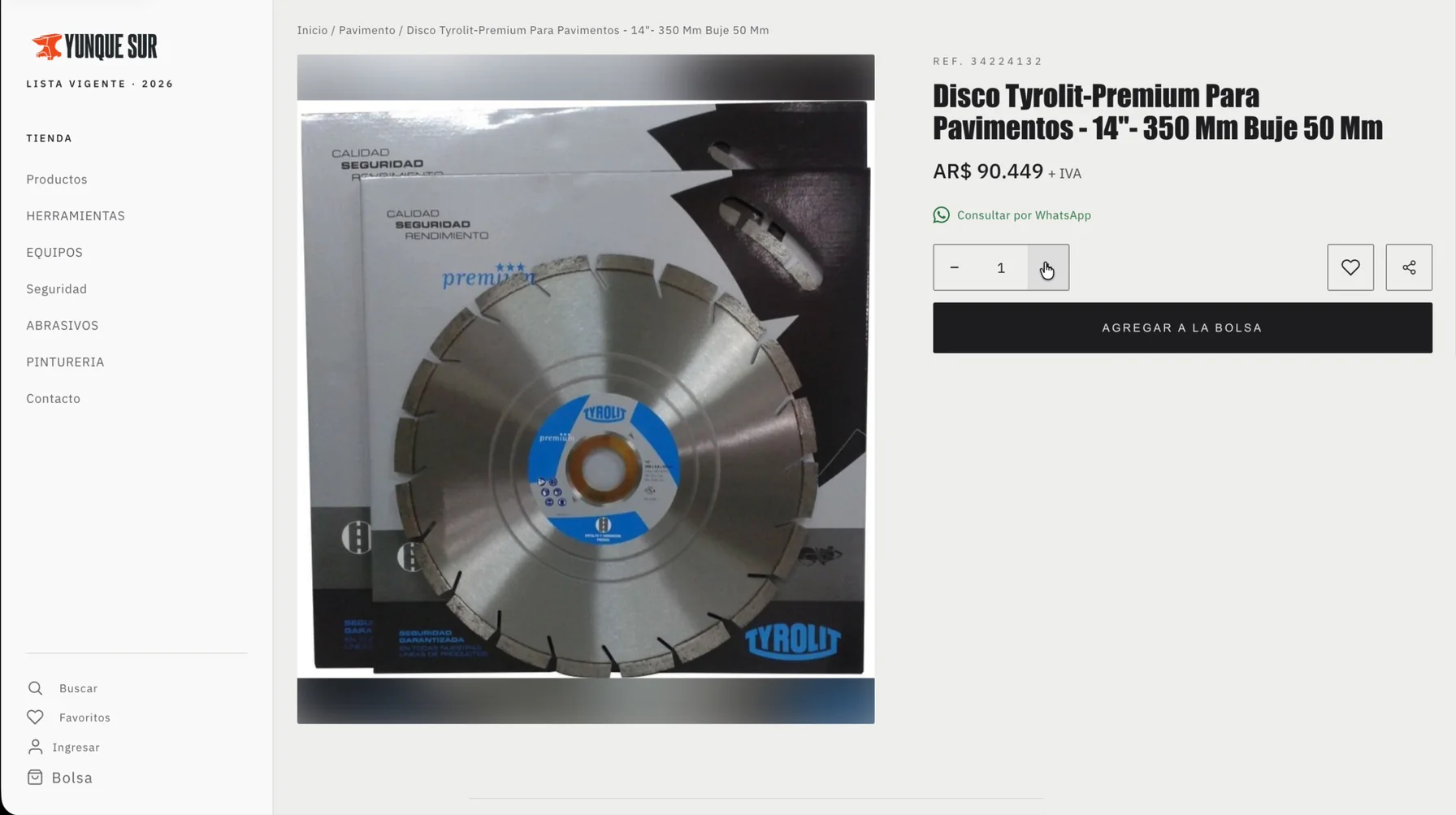 Wholesale product page for the 14-inch Tyrolit diamond blade: reference, price AR$ 90,449 plus VAT, quantity selector and Add to bag button