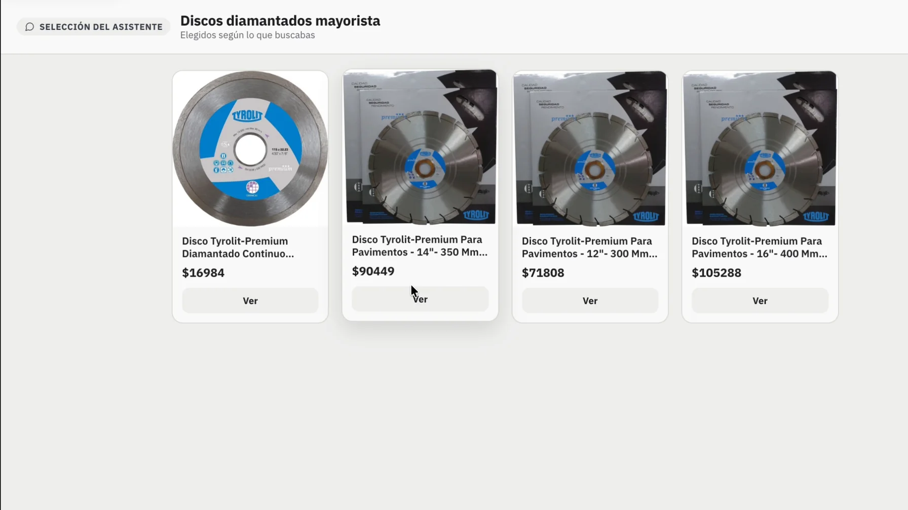 VentasxMayor's AI Salesperson opened a selection of four Tyrolit diamond blades with their prices inside the wholesale store, built from the customer's request