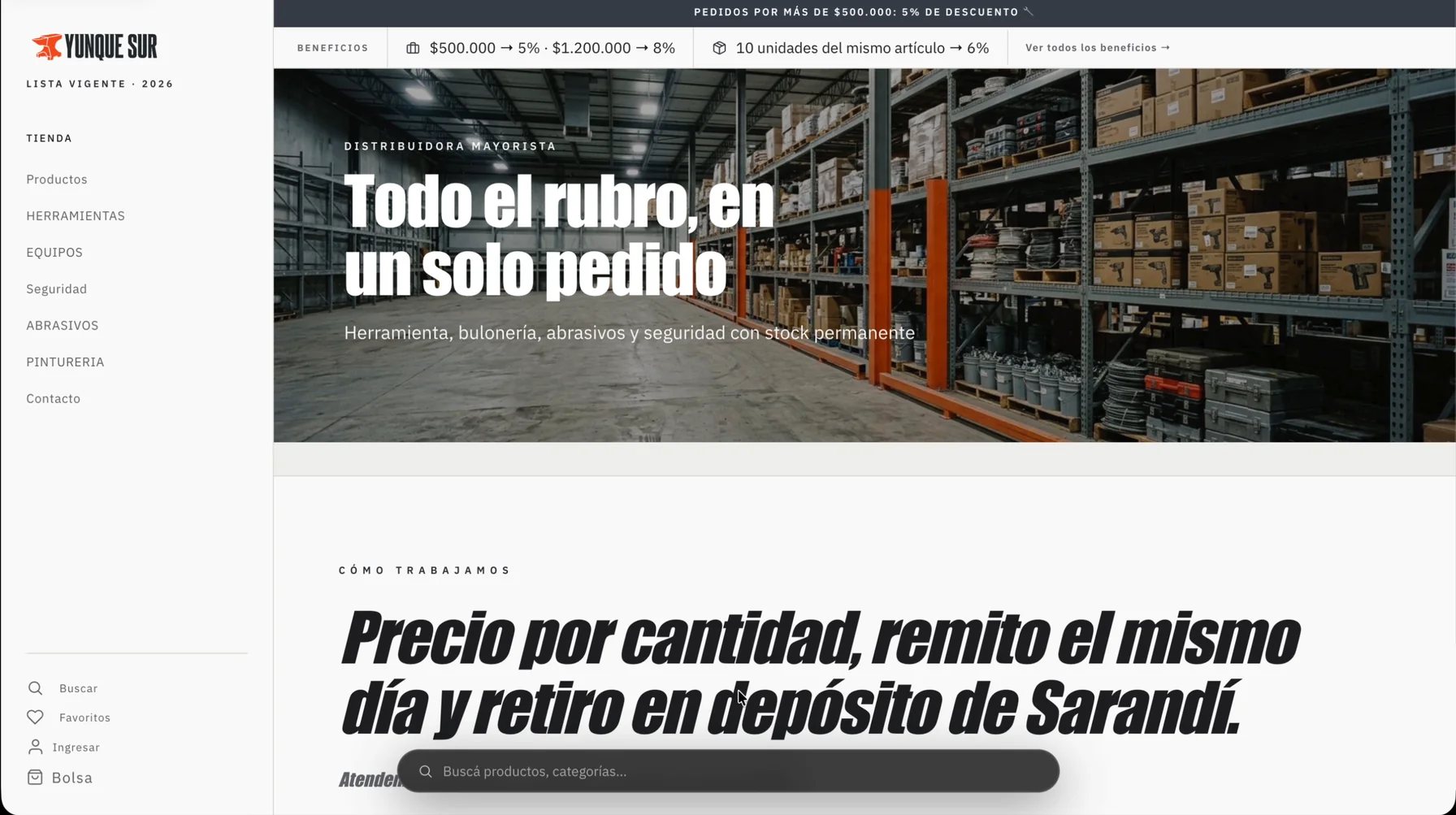 Wholesale hardware store built with VentasxMayor: B2B catalog with volume discounts in the top bar and permanent stock of tools, fasteners, abrasives and safety gear