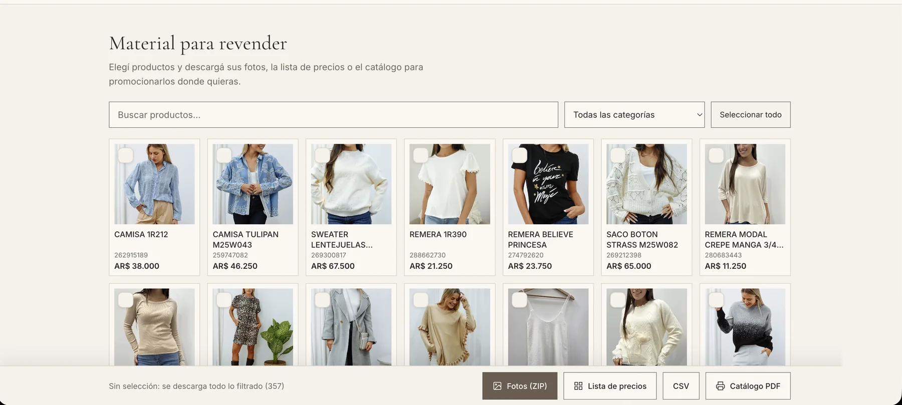 Material to resell screen in a wholesale apparel store: products are ticked and the bottom bar downloads photos as ZIP, price list, CSV and PDF catalog