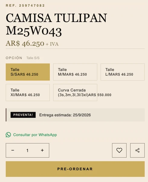 Product page for an imported shirt on pre-order inside a wholesale apparel store: wholesale price plus VAT, price per size, closed size run of 3S, 3M, 3L and 3XL, estimated delivery date and a Pre-order button