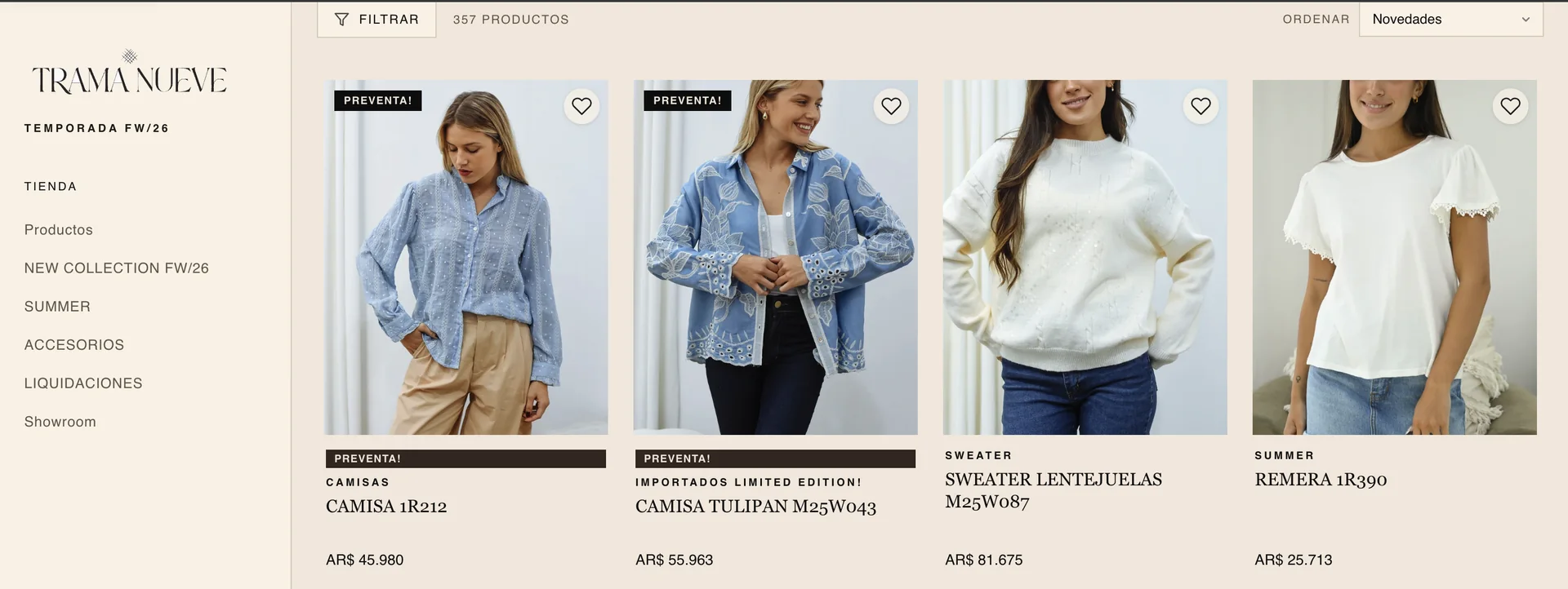 Wholesale apparel catalog with 357 products where two shirts marked PRE-ORDER! sit next to a sweater and a tee that are in stock