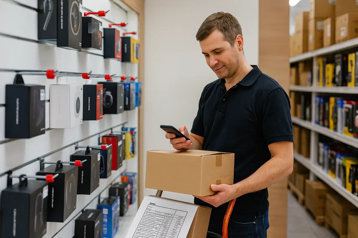 Electronics wholesaler preparing a B2B order, box in hand, while confirming the wholesale sale on a phone