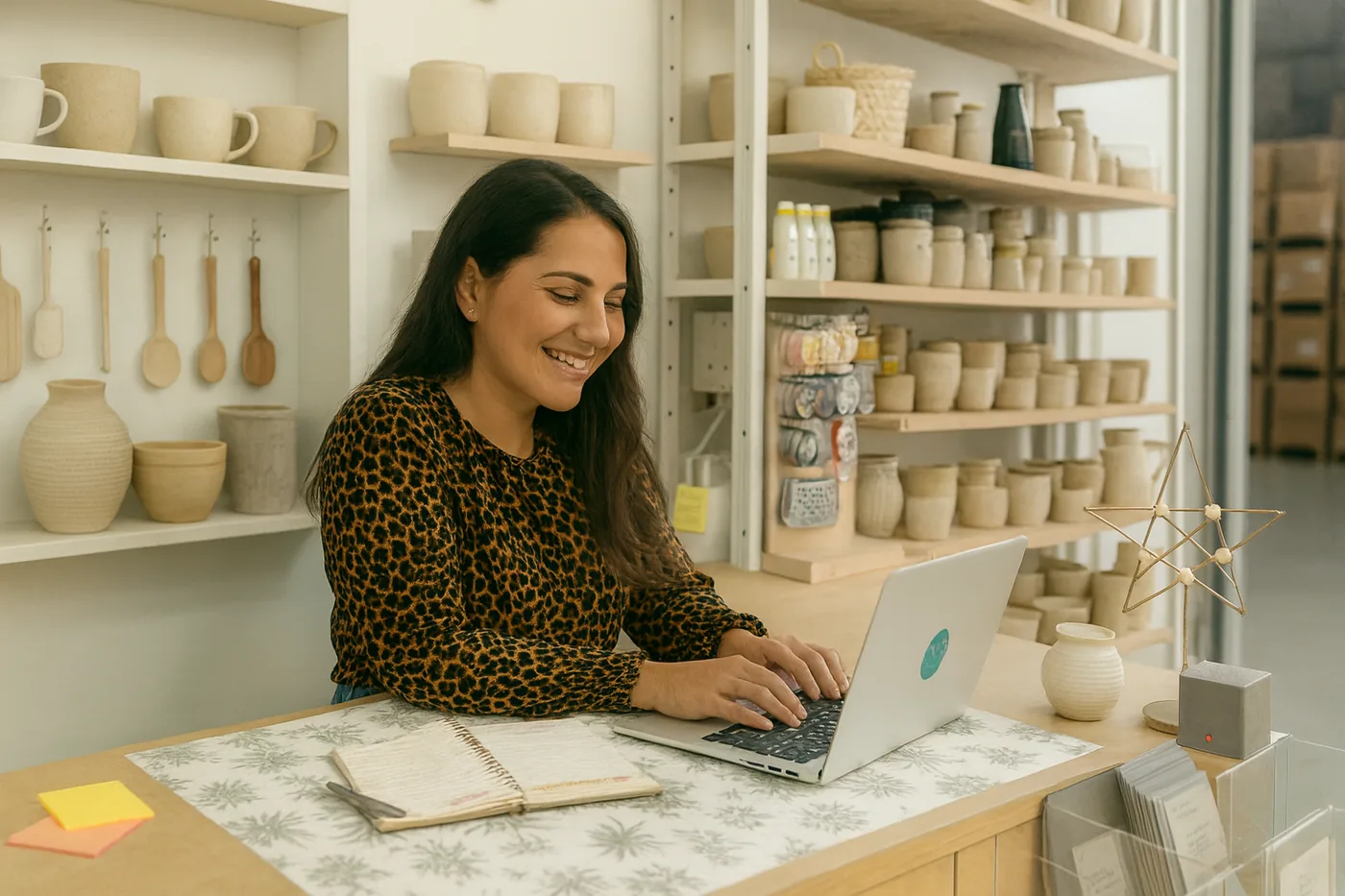 Shop owner reviewing on a laptop an email from a B2B wholesale supplier sent from an address on its own domain