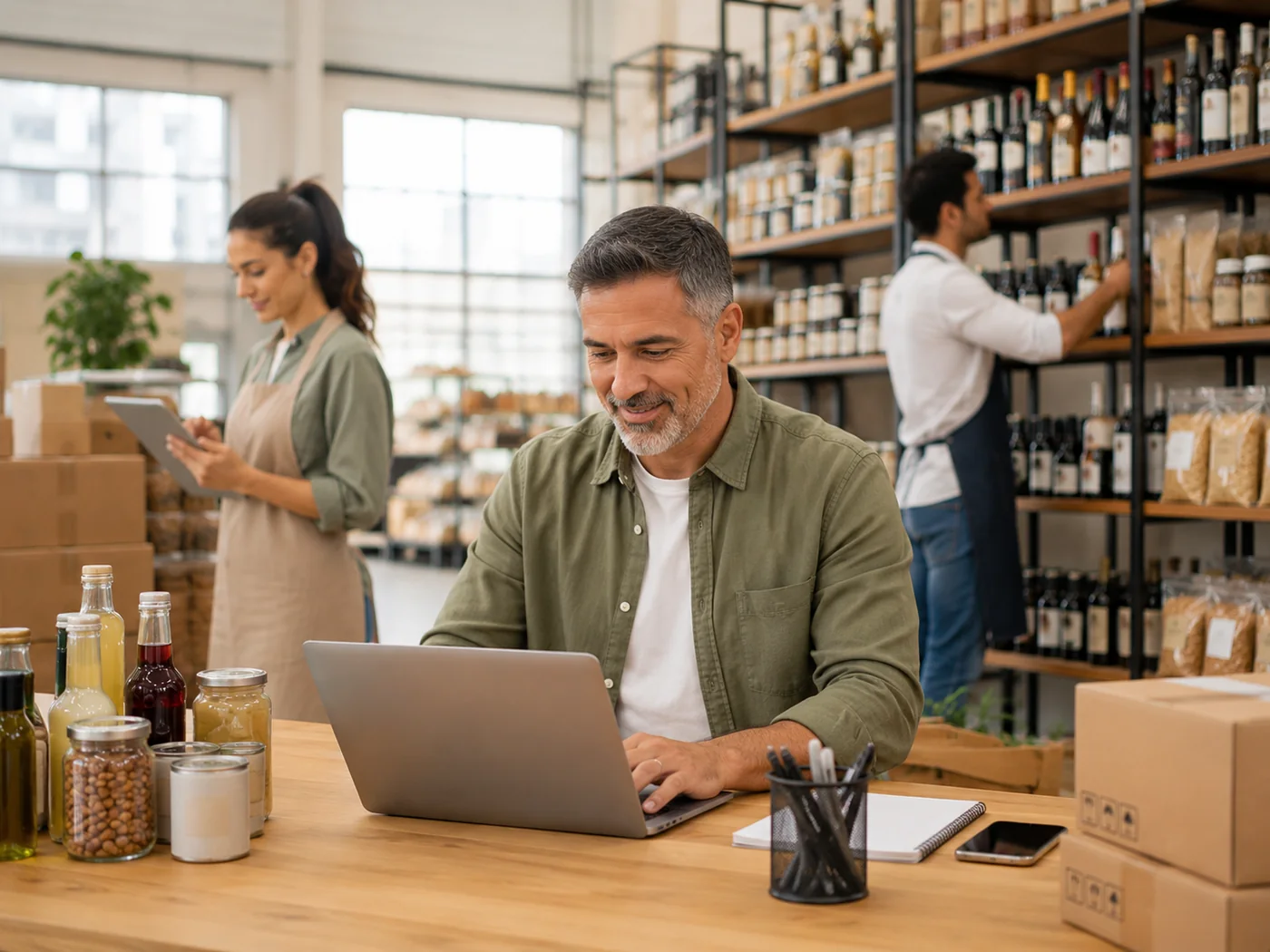 A food and beverage distributor's team working with a laptop and tablet in the warehouse