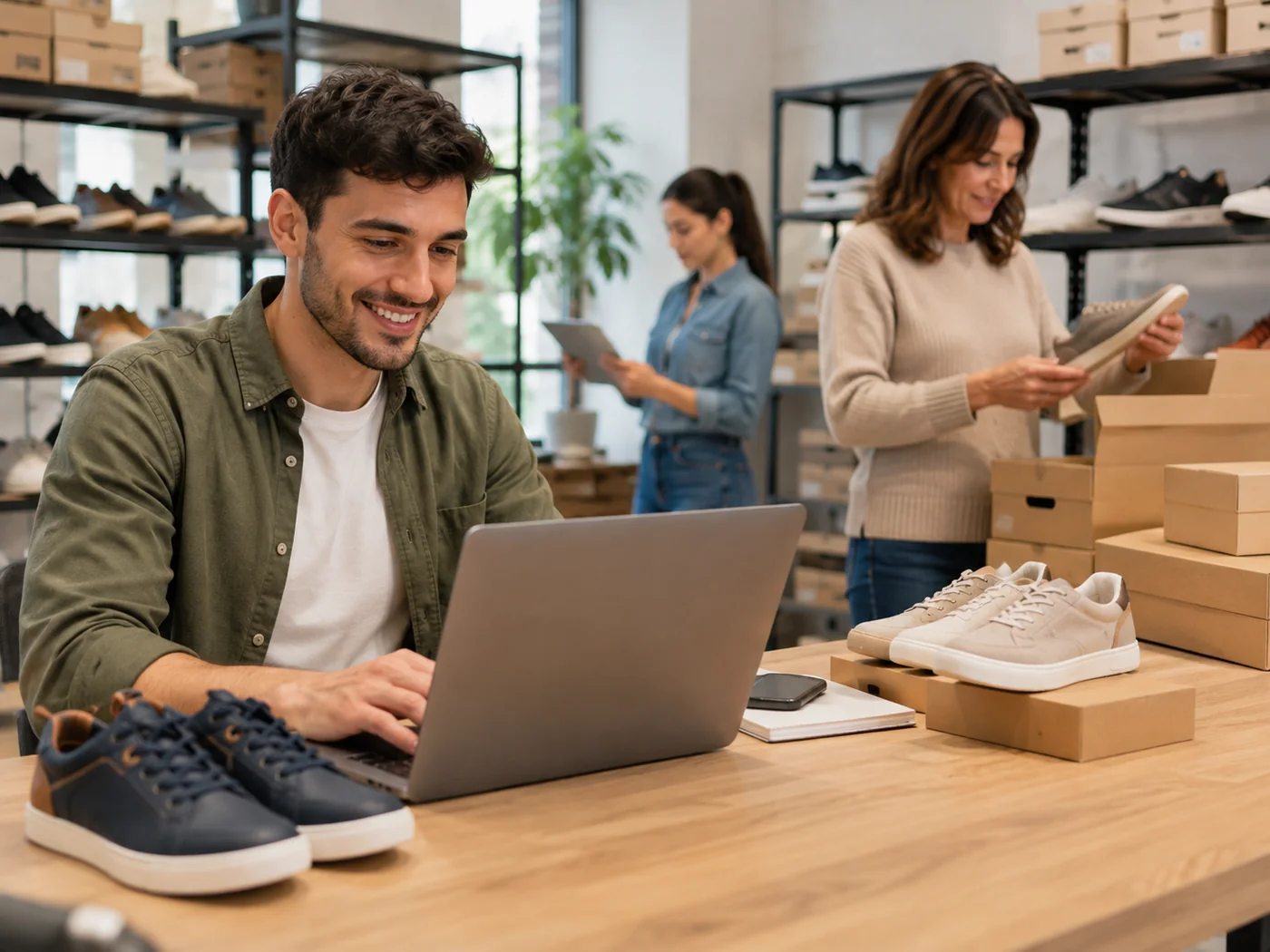 A footwear distributor's team working with a laptop and tablet among shoe boxes