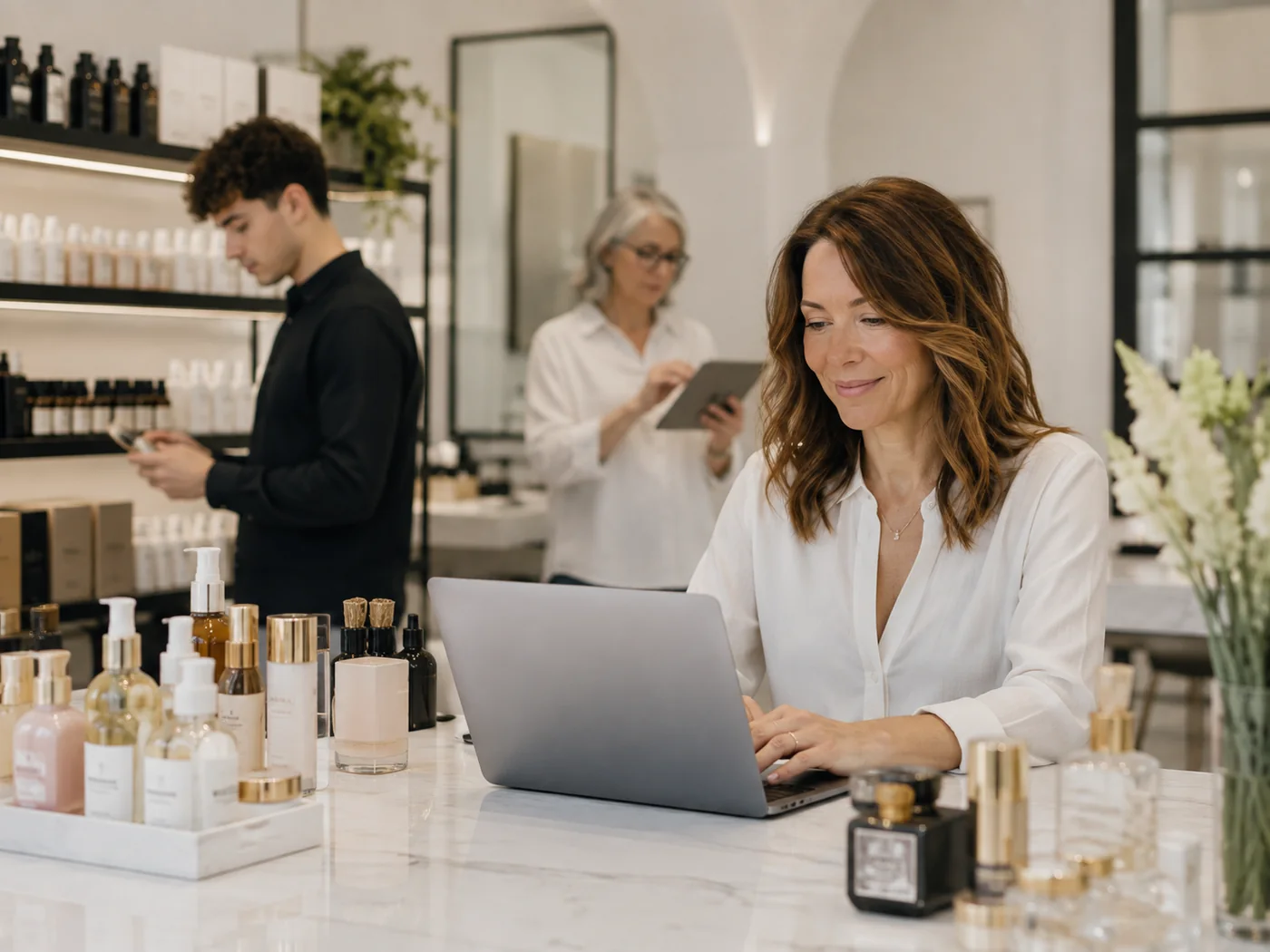 A cosmetics distributor's team working with a laptop and tablet in the showroom