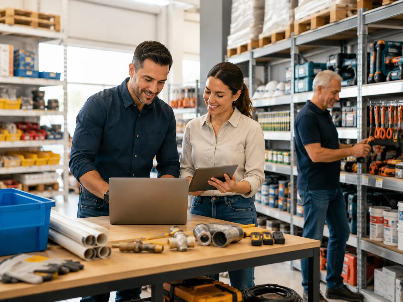 A hardware distributor's team working with a laptop and tablet among the shelves