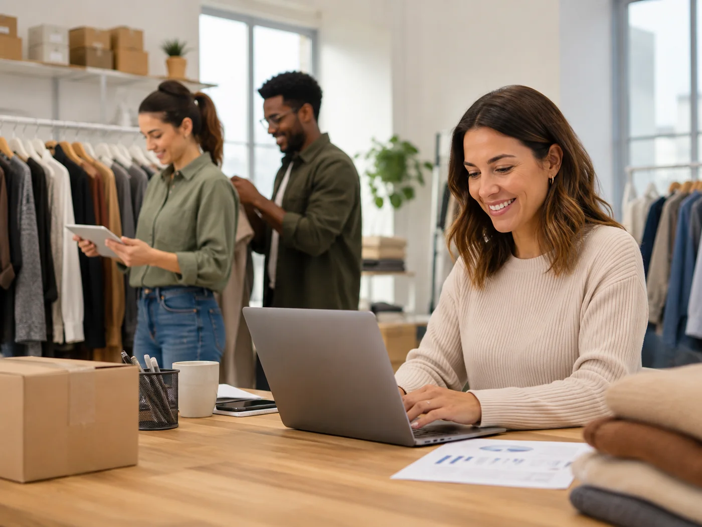An apparel brand's team working with a laptop and tablet in their showroom