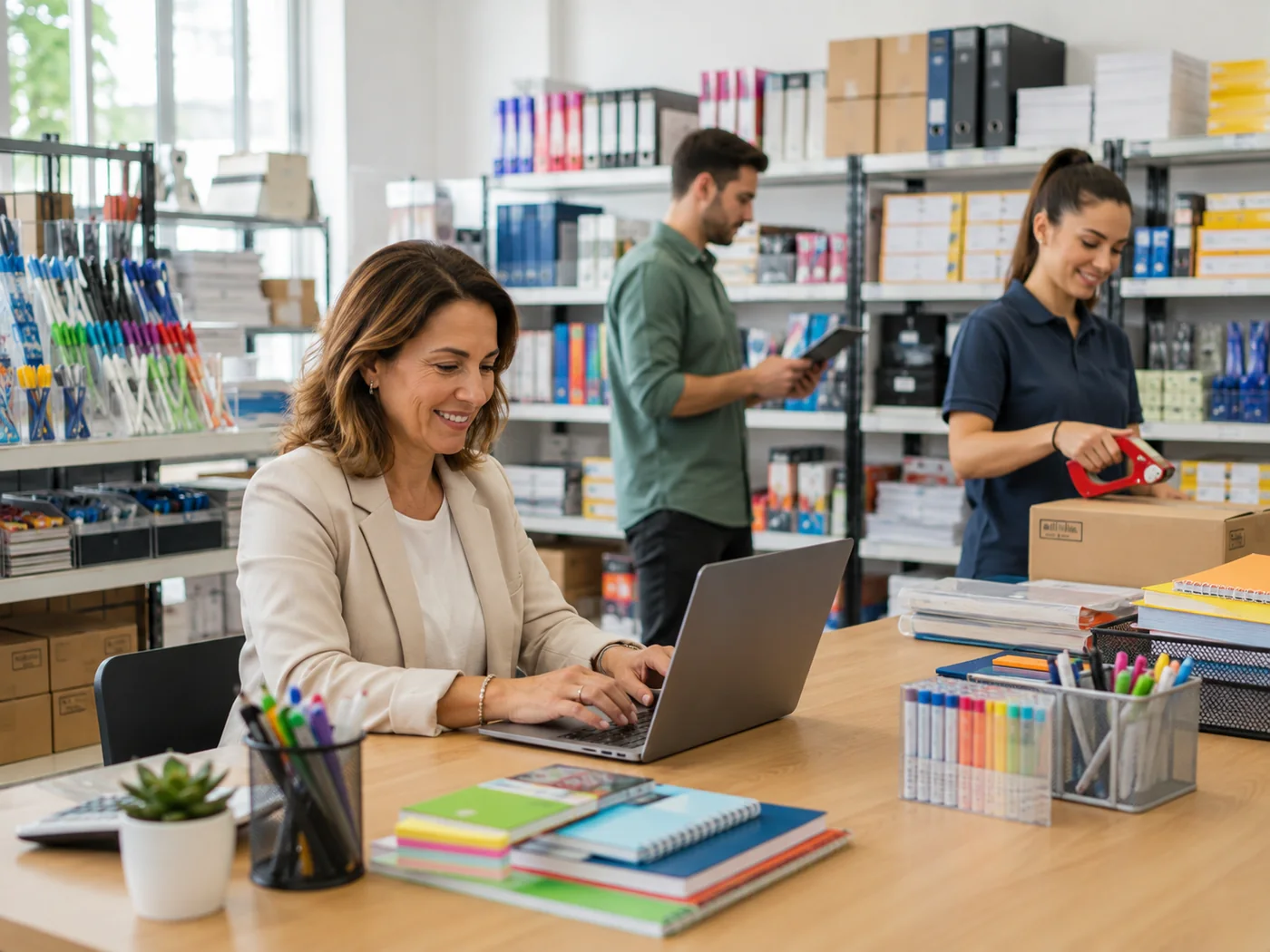 A stationery distributor's team working with a laptop and tablet among the shelves