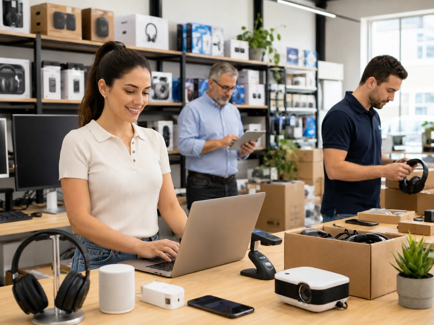 A technology distributor's team working with a laptop and tablet in the warehouse