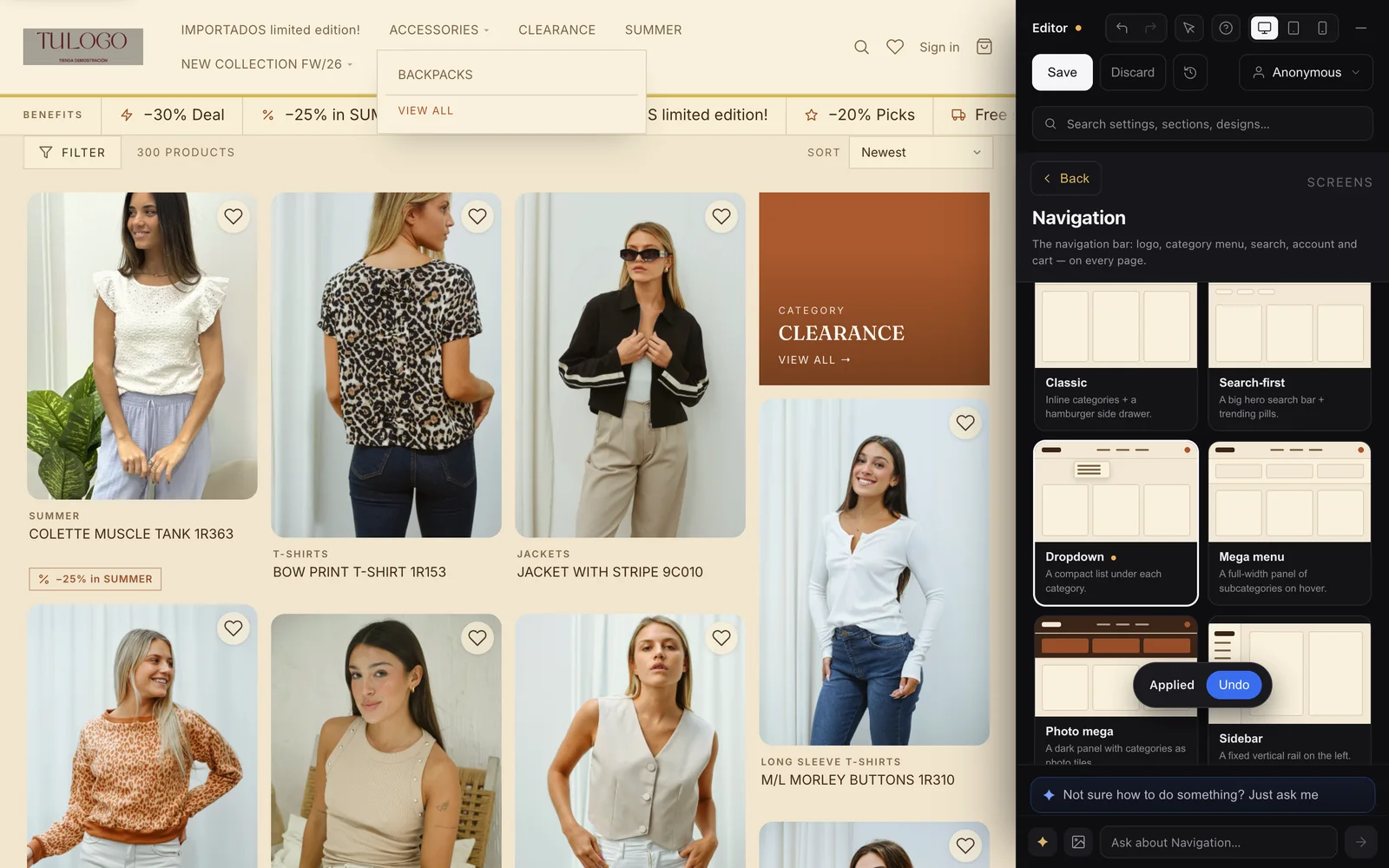 VentasxMayor live editor — real wholesale storefront on the left and the editing panel on the right: design variants with preview, an applied change with undo, and the built-in AI assistant