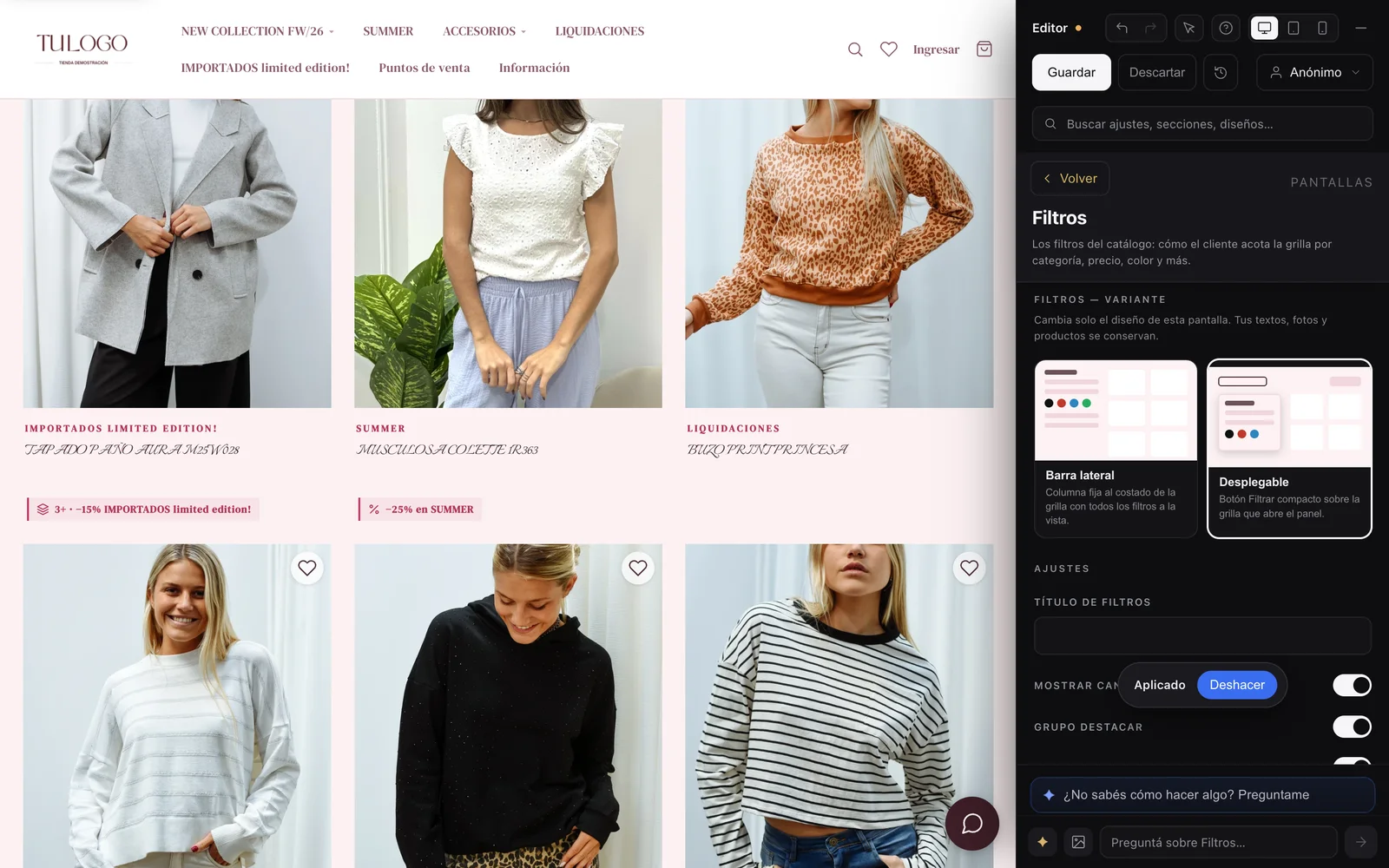 VentasxMayor store editor: on the left the real wholesale store with its catalog, on the right the settings panel and the AI assistant