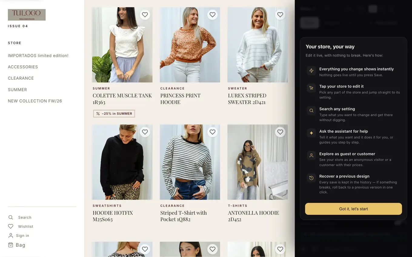Demo wholesale storefront built with VentasxMayor — the v2 store the AI salesperson works in, with a real catalog and the live editing panel