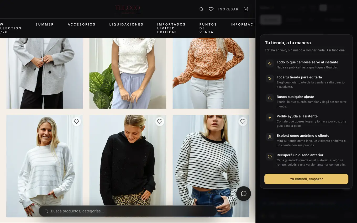 VentasxMayor store editor open on a wholesale store, with the design panel on the right and the catalog with per-customer prices on the left