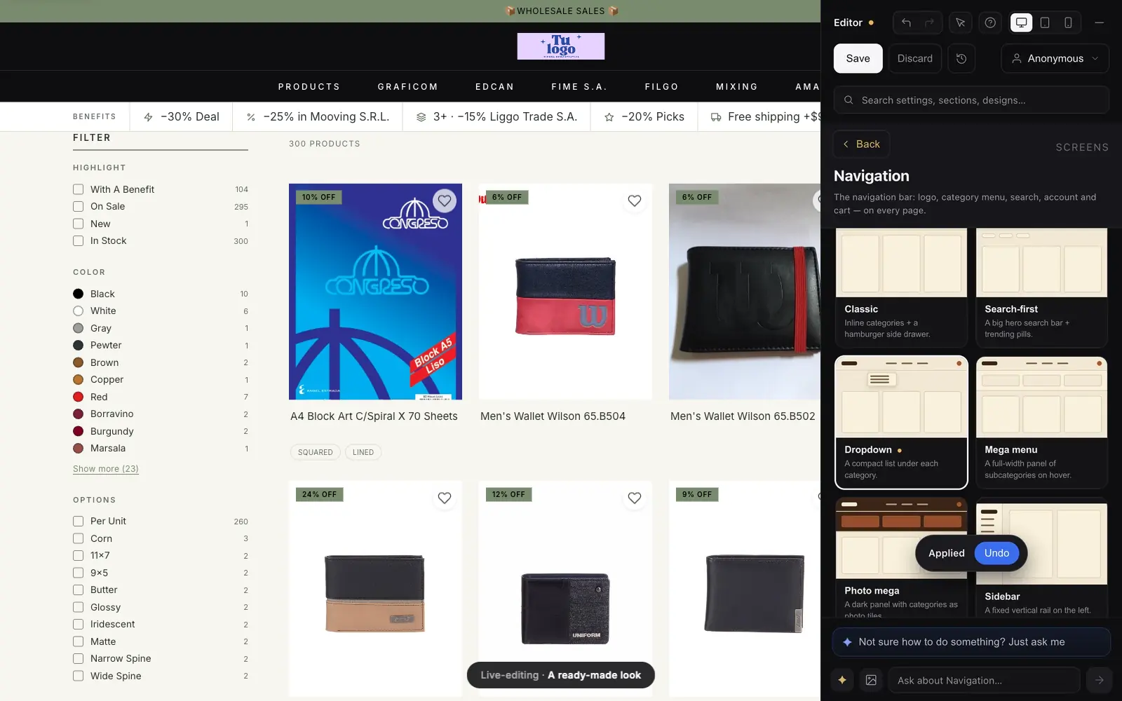 VentasxMayor admin panel live-editing a wholesale stationery store: B2B catalog with filters, per-customer pricing and custom brand design