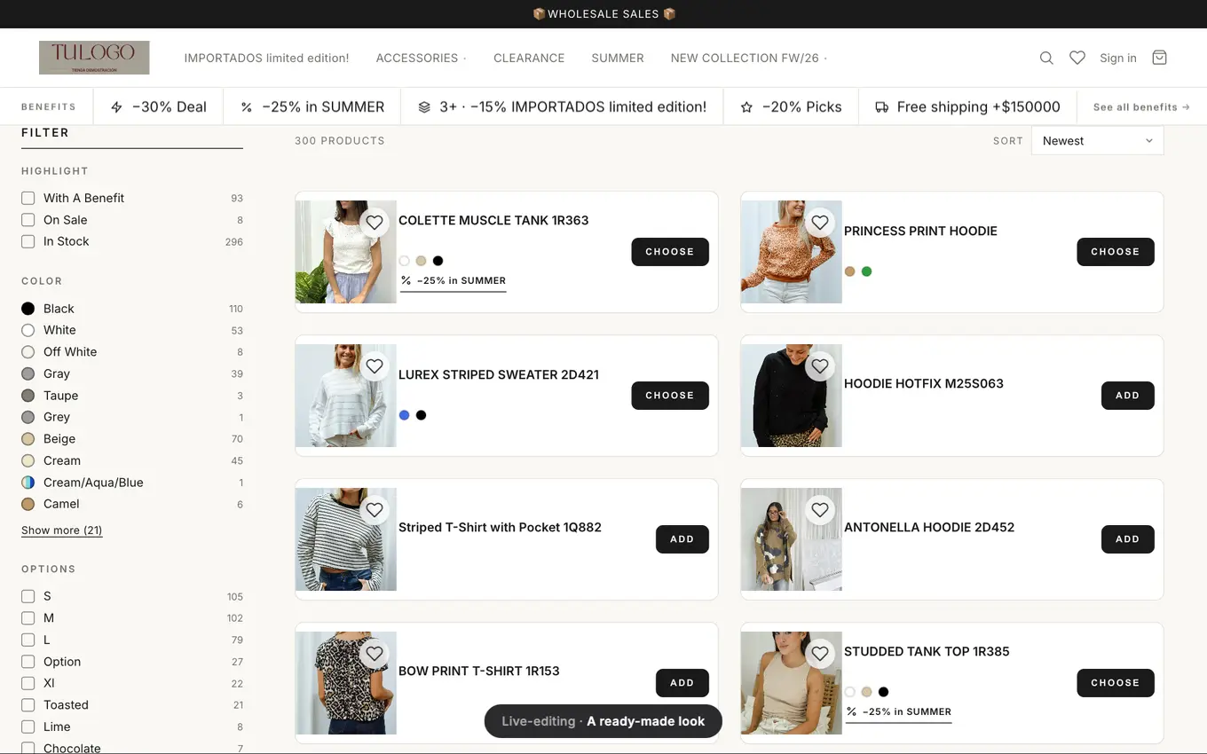 A real wholesale storefront built with VentasxMayor redesigning itself live — same catalog, another visual identity, per-customer prices and volume discounts