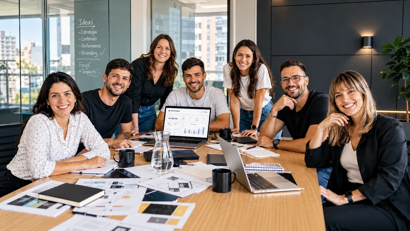 Team of a VentasxMayor partner agency around the meeting table, with the laptop open on the sales dashboard of a B2B wholesale store