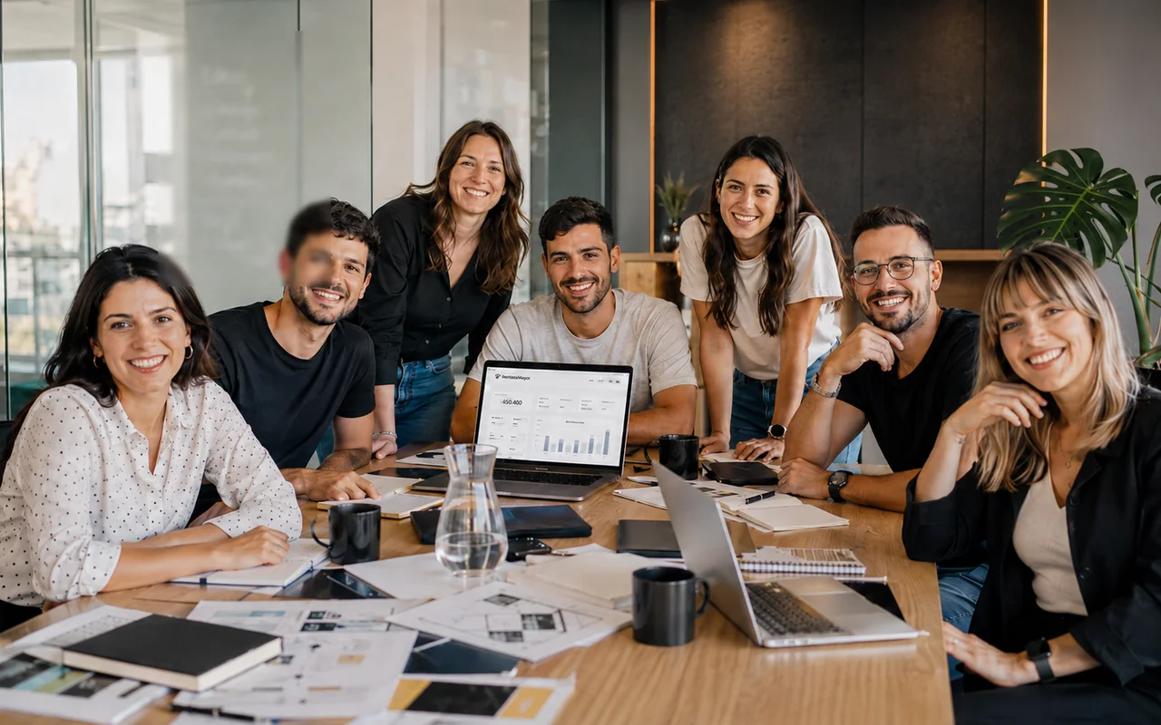 Team of a VentasxMayor partner agency gathered around the table, with a B2B wholesale store dashboard open on the laptop