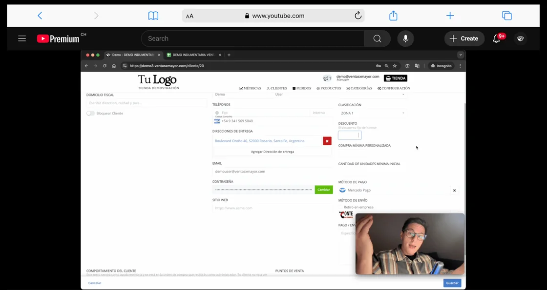 VentasxMayor walkthrough video showing the customer profile of the B2B wholesale panel, with discount, minimum order and payment method