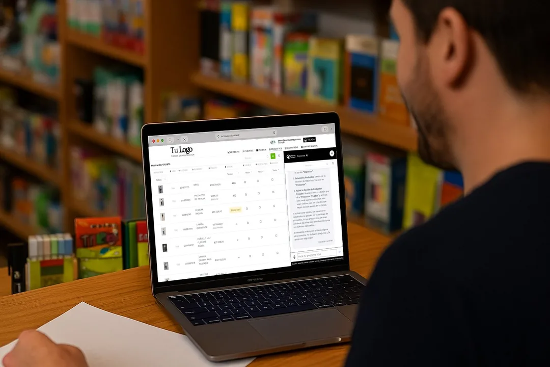 Wholesale business owner working in the VentasxMayor panel with the AI Support chat open over the product list