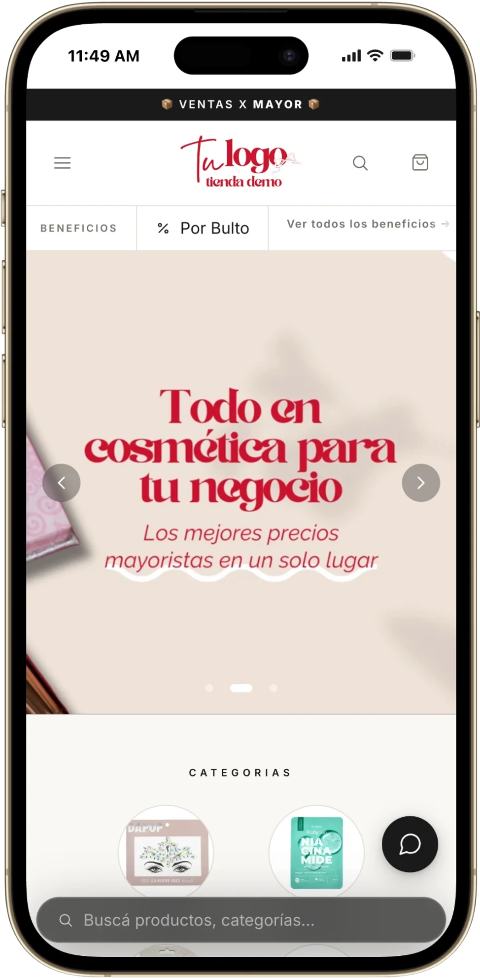Wholesale cosmetics store built with VentasxMayor open on an iPhone: own-brand banner, bulk-buy benefits and product categories
