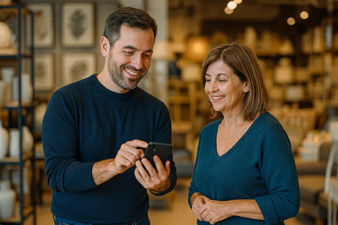 Wholesale rep showing the order on his phone to a shop owner, with the VentasxMayor B2B store
